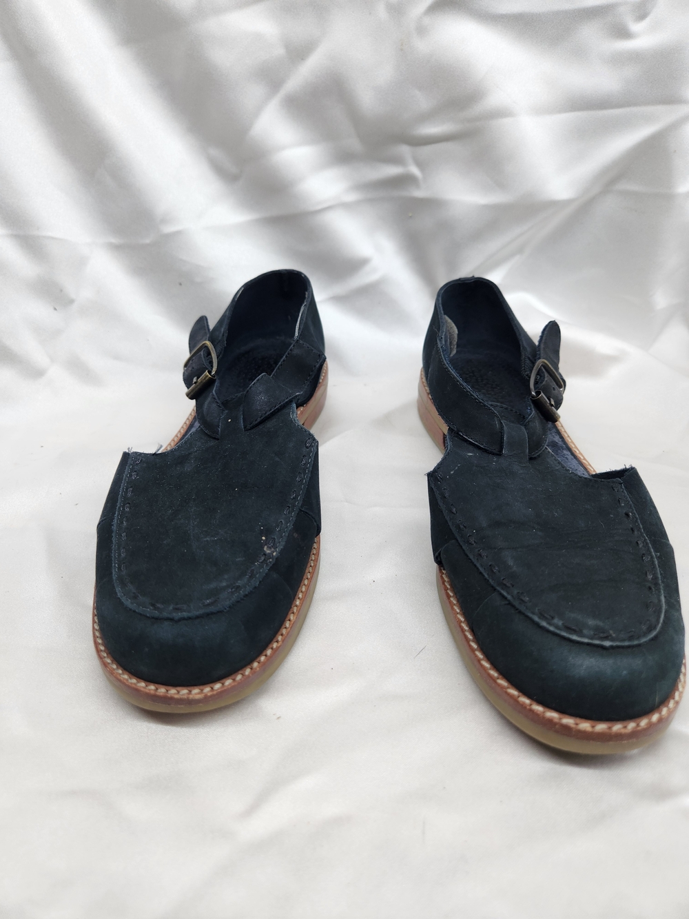 Eddie Bauer Black Suede Buckle Loafers with Tan Sole